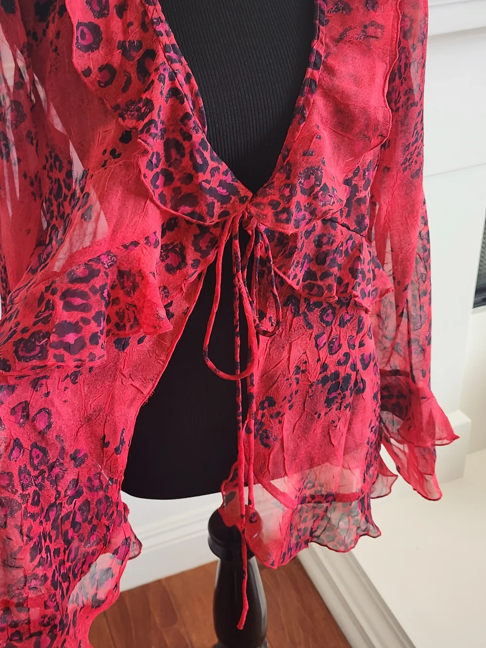 George Simonton Red Sheer Ruffle Tie-Front Blouse - Picture 3 of 4